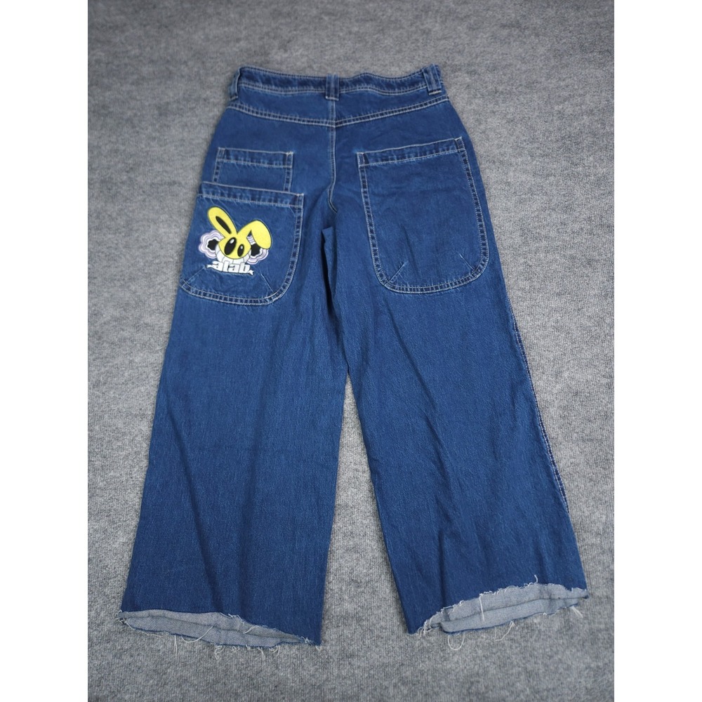 A.LAB Baggy Jeans Men 32 x 29 Blue Wide Leg Rave Y2K Embroider RAW HEM